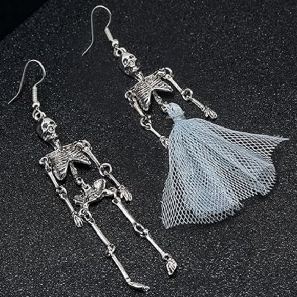 Silver Dangling Skeleton Earrings Halloween Party Gothic Jointed Skeletons New - Picture 2 of 2